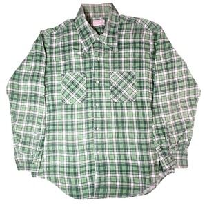 Vintage Permanent Press Green Plaid Flannel Shirt Mens XL 100% Cotton Workwear